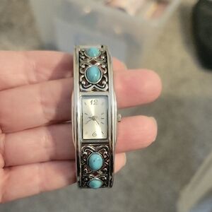 Turquoise color beaded and silver tone Women's watch Bracelet